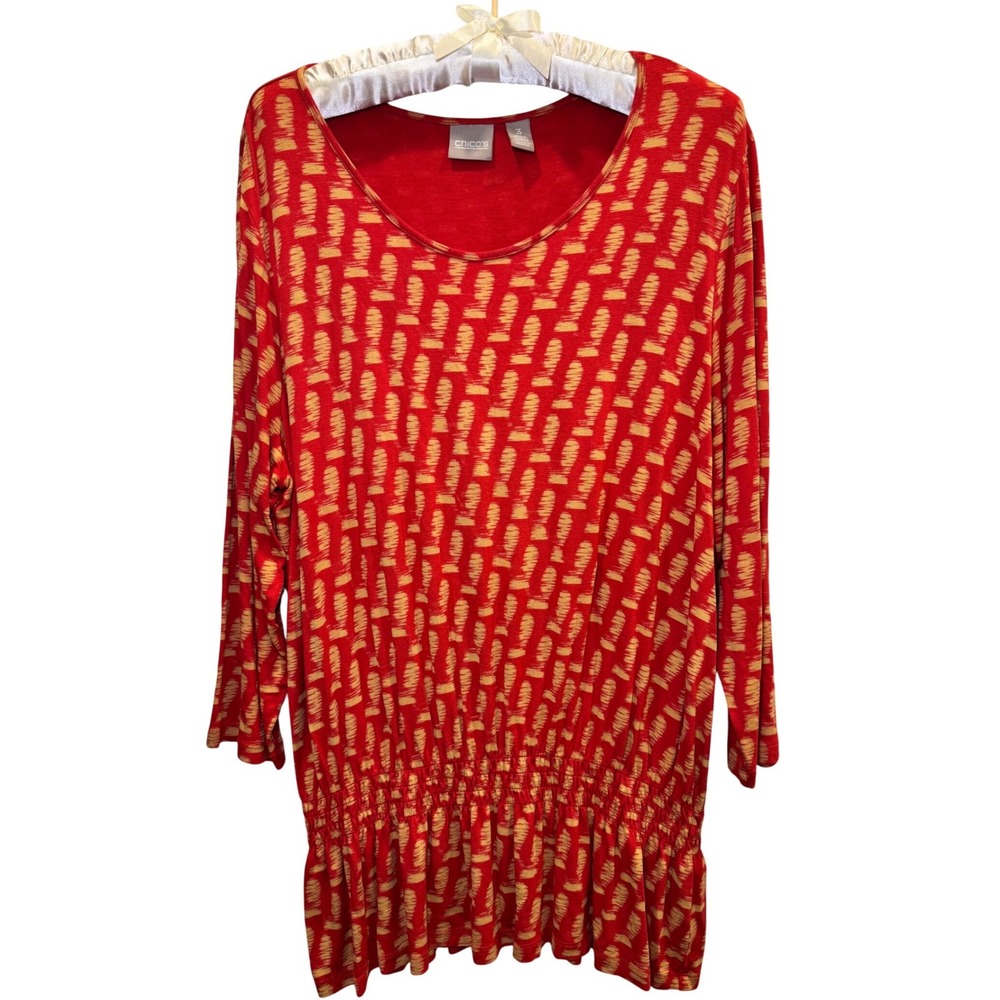 Chico's Red Tan Ikat Print Smocked Drop Waist Tunic Top Size 3 XL 570110872